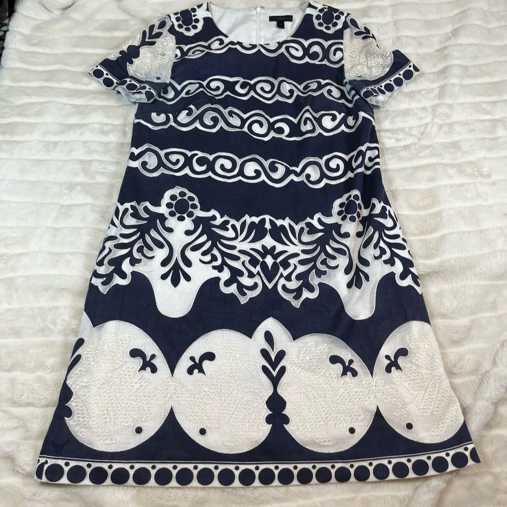 J. Crew 10 Blue Ivory White Lace Preppy Spring Summer Preppy Office Work Dress